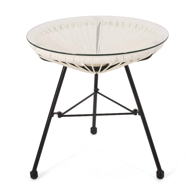 Nusa Outdoor Modern Wicker Side Table with Tempered Glass Top by Christopher Knight Home - White + Black