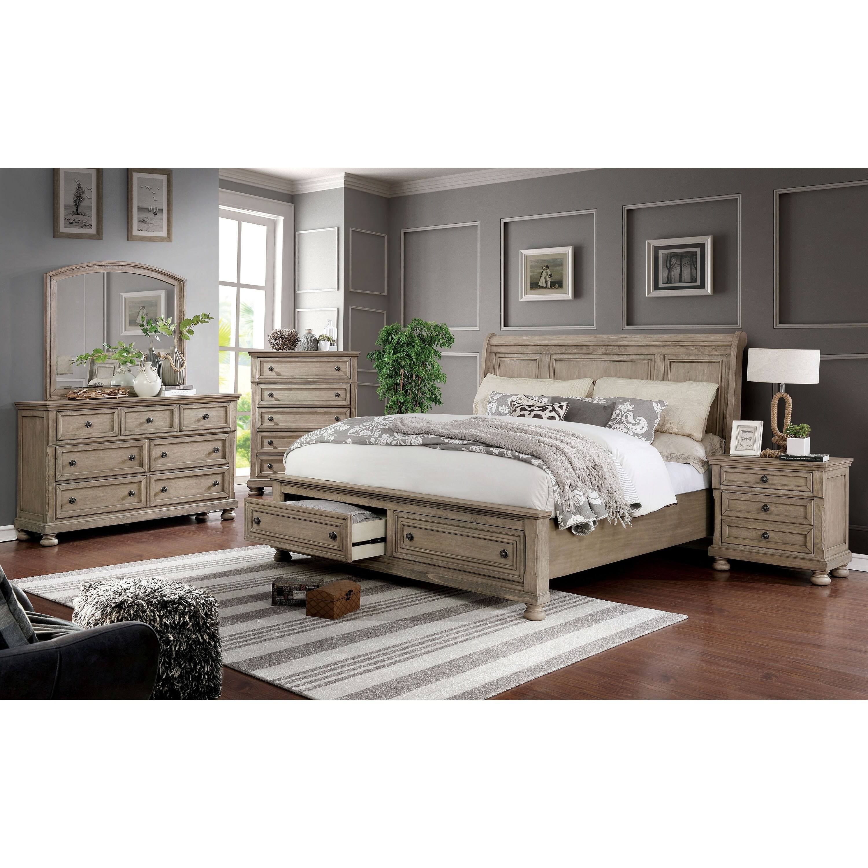 Grey wooden sleigh bed sales