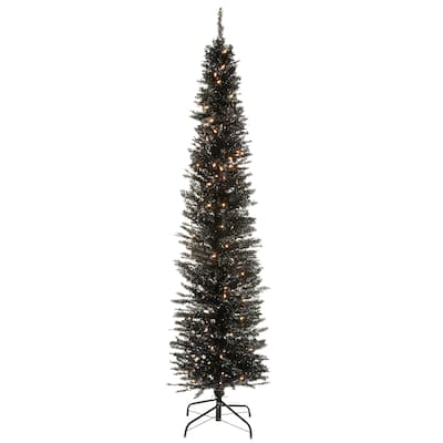 6 ft. Black Tinsel Tree with Clear Lights