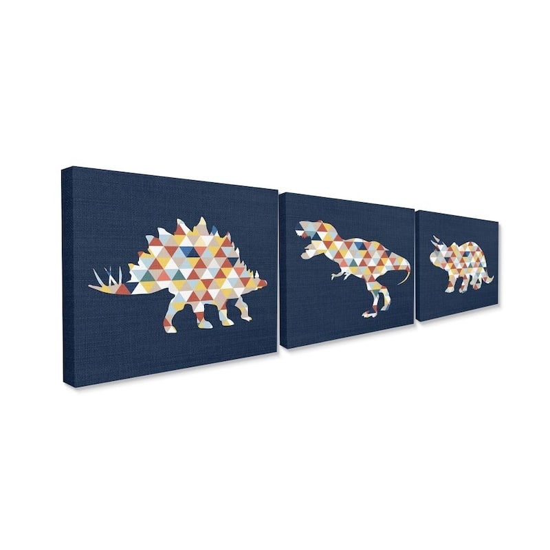 Stupell Geometric Dinosaurs Blue Red Yellow Kids Design 3 Piece Canvas Wall Art,16 x 20, Proudly Made in USA - 16 x 20