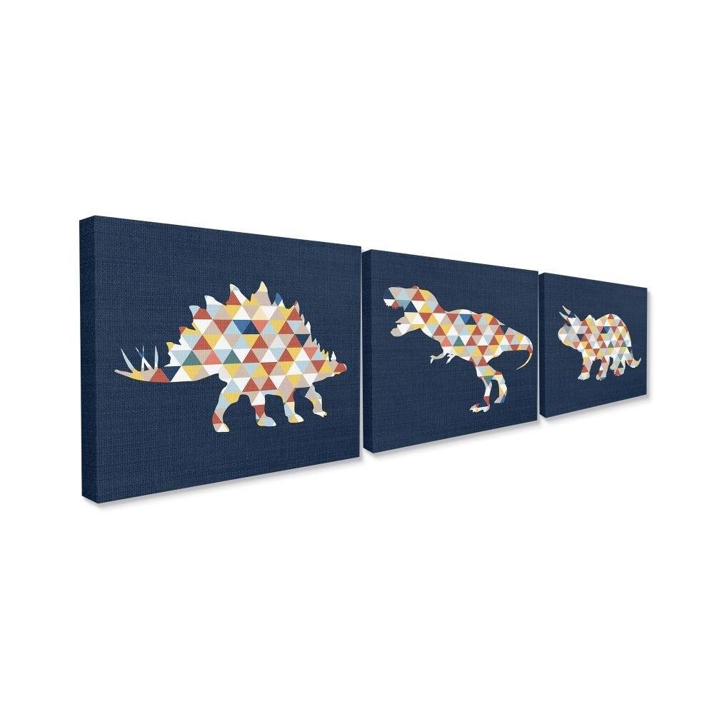 Stupell Geometric Dinosaurs Blue Red Yellow Kids Design 3 Piece Canvas Wall Art,16 x 20, Proudly Made in USA - 16 x 20