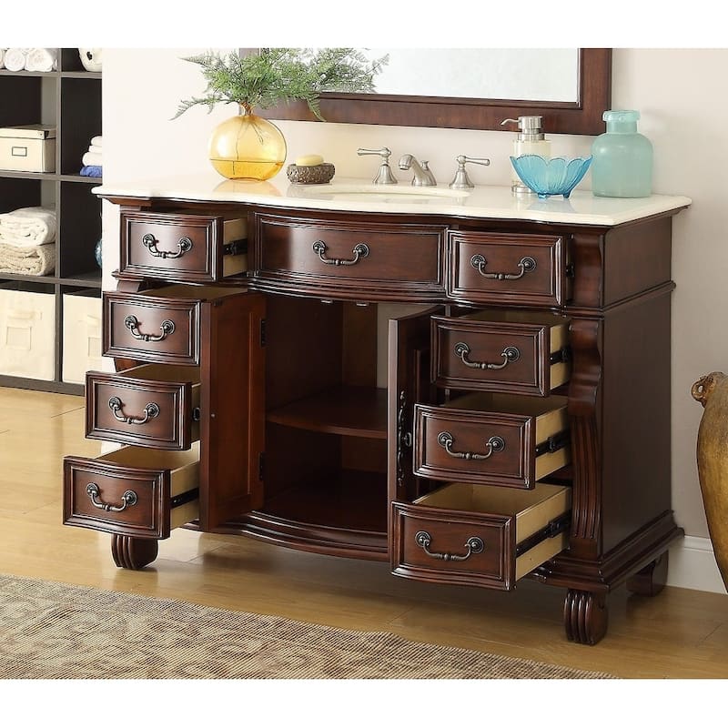 50 inch Antique Style Cherry Wood Hopkinton Bathroom Sink Vanity Cream Marble Top