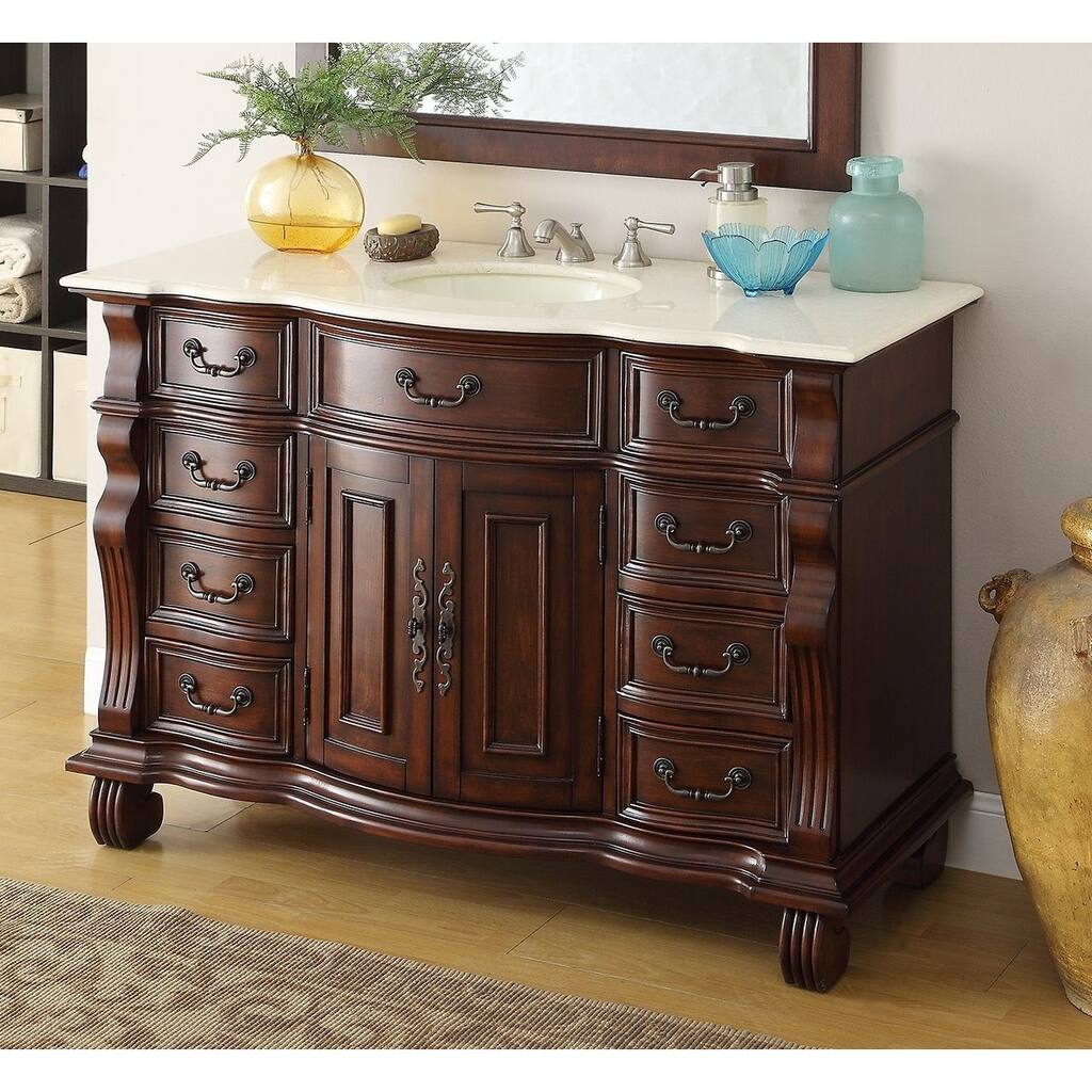 50 inch Antique Style Cherry Wood Hopkinton Bathroom Sink Vanity Cream Marble Top
