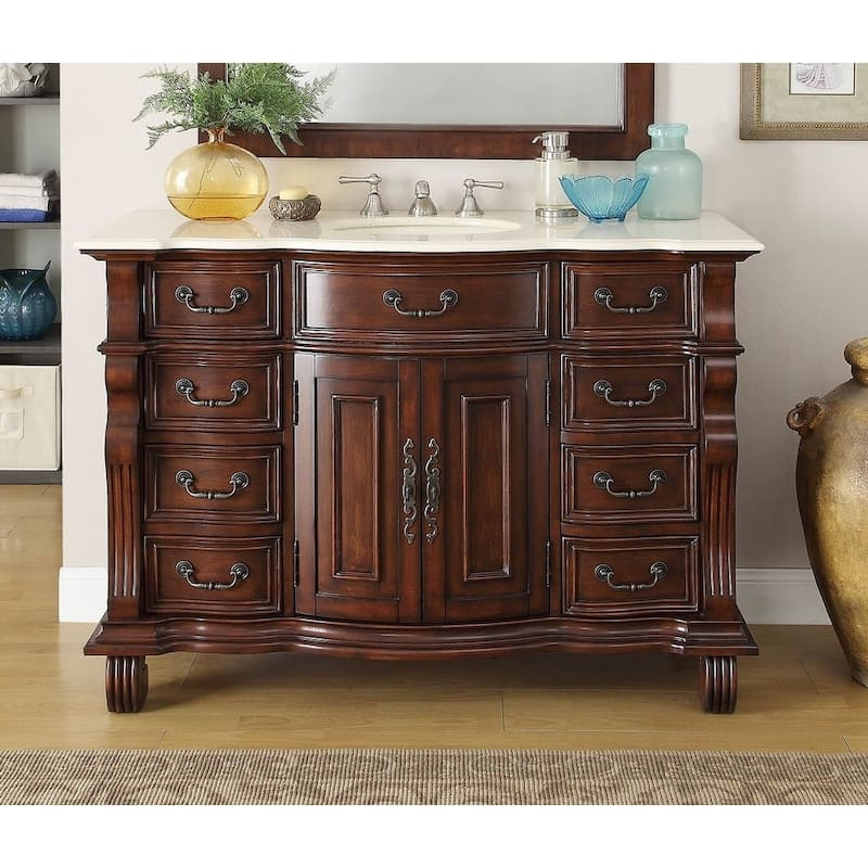 50 inch Antique Style Cherry Wood Hopkinton Bathroom Sink Vanity Cream Marble Top