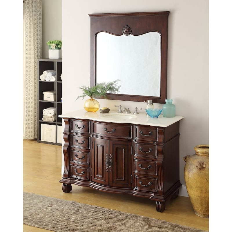 50 inch Antique Style Cherry Wood Hopkinton Bathroom Sink Vanity Cream Marble Top - Cherry Finish - Brown - Single Vanities
