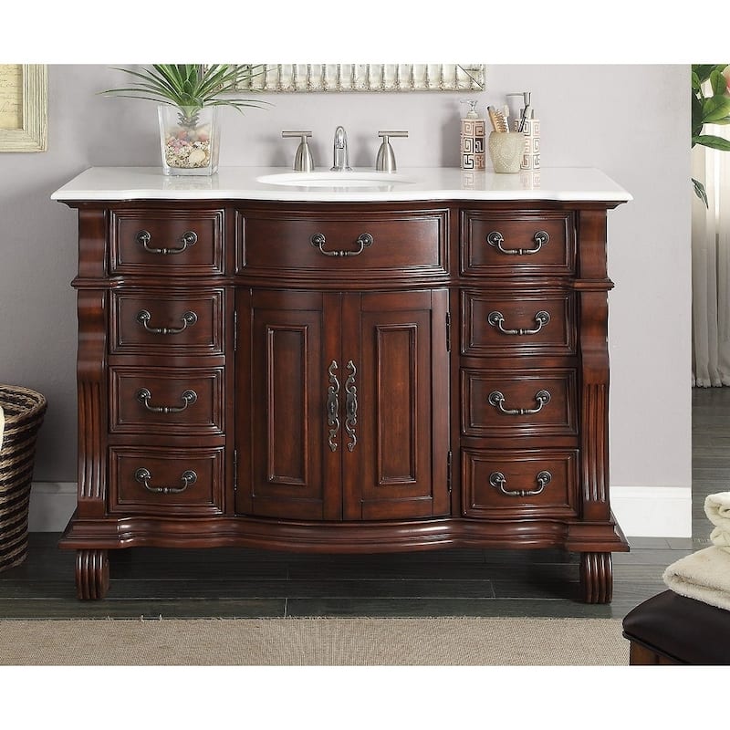 50 inch Antique Style Cherry Wood Hopkinton Bathroom Sink Vanity White Marble Top