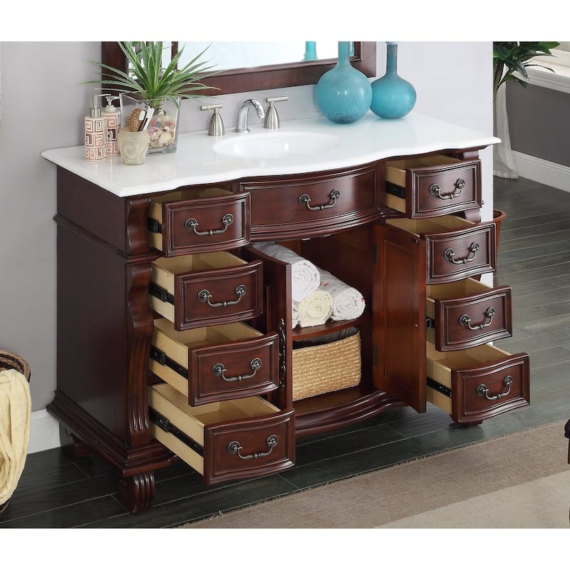 50 inch Antique Style Cherry Wood Hopkinton Bathroom Sink Vanity White Marble Top