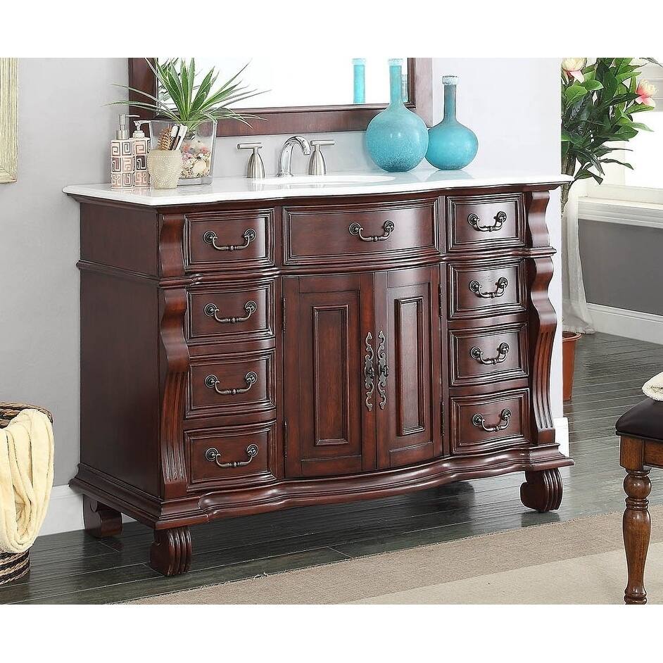 50 inch Antique Style Cherry Wood Hopkinton Bathroom Sink Vanity White Marble Top