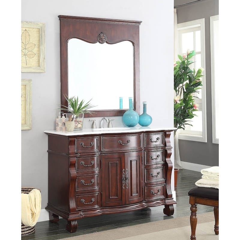 50 inch Antique Style Cherry Wood Hopkinton Bathroom Sink Vanity White Marble Top - Cherry Finish - Brown - Single Vanities