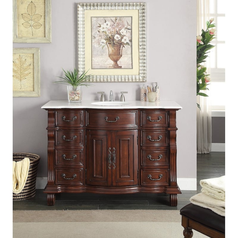 50 inch Antique Style Cherry Wood Hopkinton Bathroom Sink Vanity White Marble Top