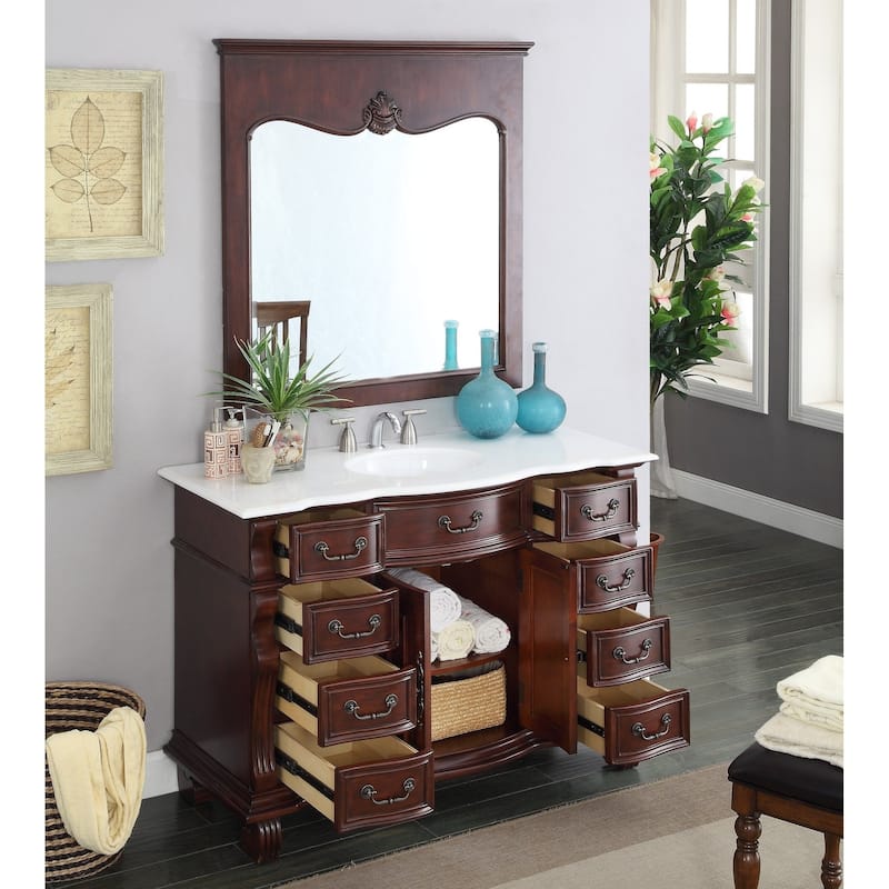 50 inch Antique Style Cherry Wood Hopkinton Bathroom Sink Vanity White Marble Top