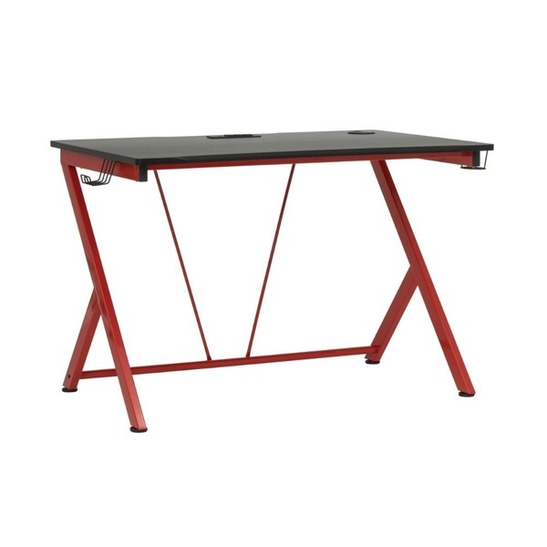 Offex Gaming Quest PC Gamer Computer Desk with Charging Station, Cup and Headphone Holder - Racing Red Metal Legs/ Black Top