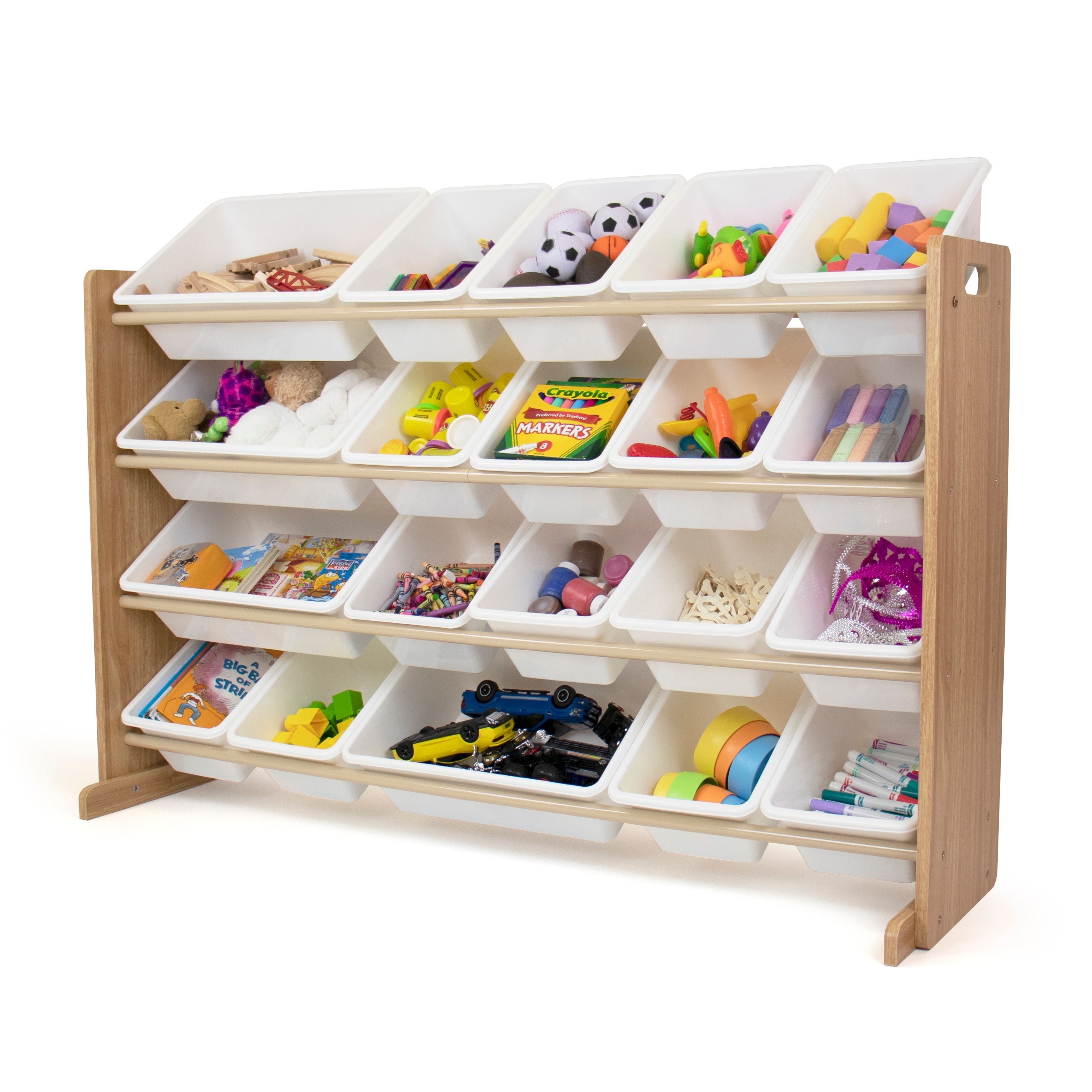 toy storage shelves with bins