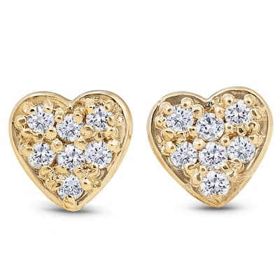 Yellow Gold Diamond Pave Petite Heart Studs Dainty High Polished 5.7MM