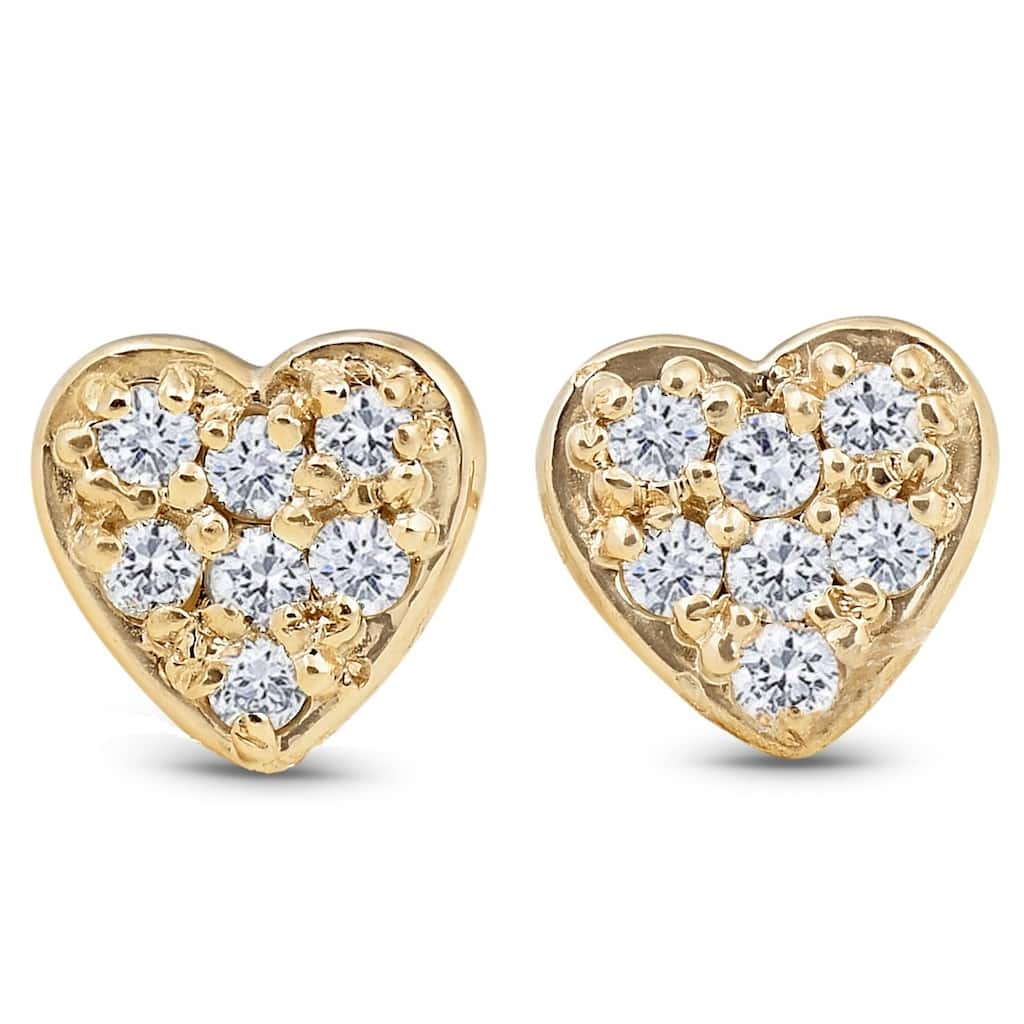 Yellow Gold Diamond Pave Petite Heart Studs Dainty High Polished 5.7MM