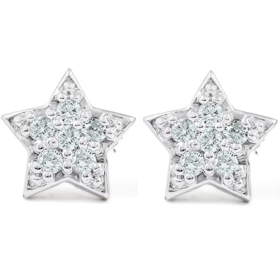 White Gold Diamond Pave Petite Star Studs Dainty High Polished 6.5MM