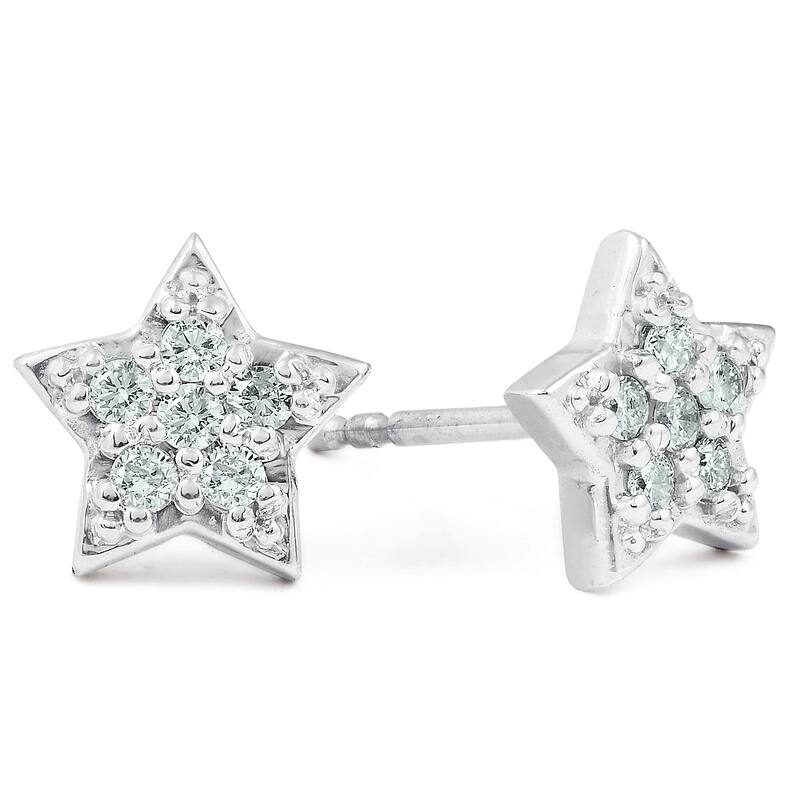 White Gold Diamond Pave Petite Star Studs Dainty High Polished 6.5MM