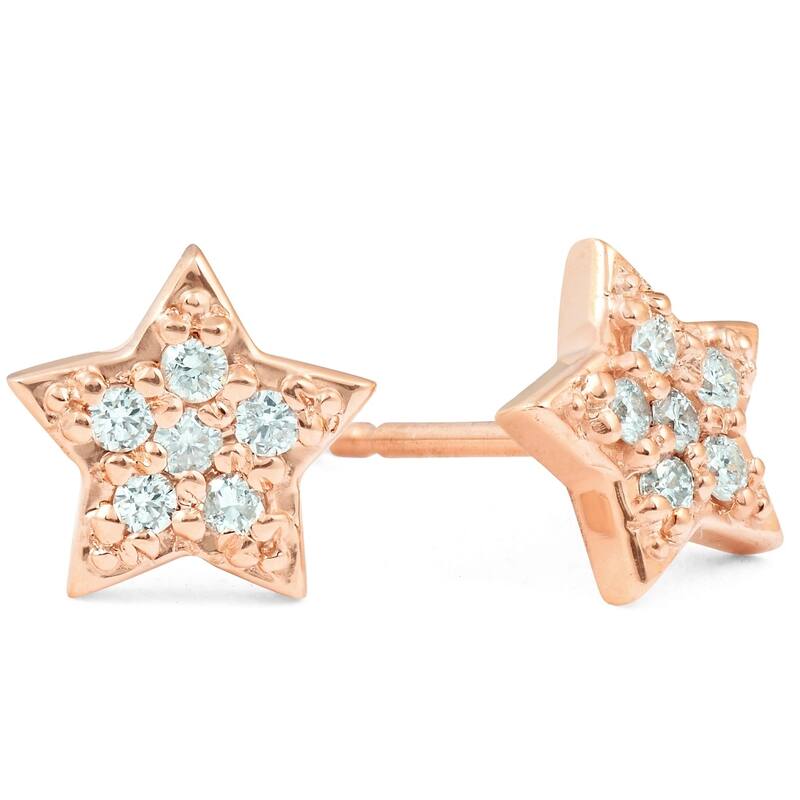 Rose Gold Diamond Pave Petite Star Studs Dainty High Polished 6.5MM
