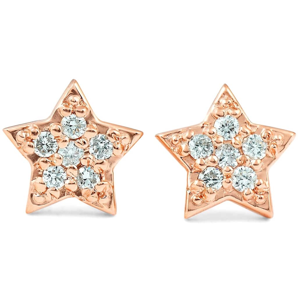 Rose Gold Diamond Pave Petite Star Studs Dainty High Polished 6.5MM