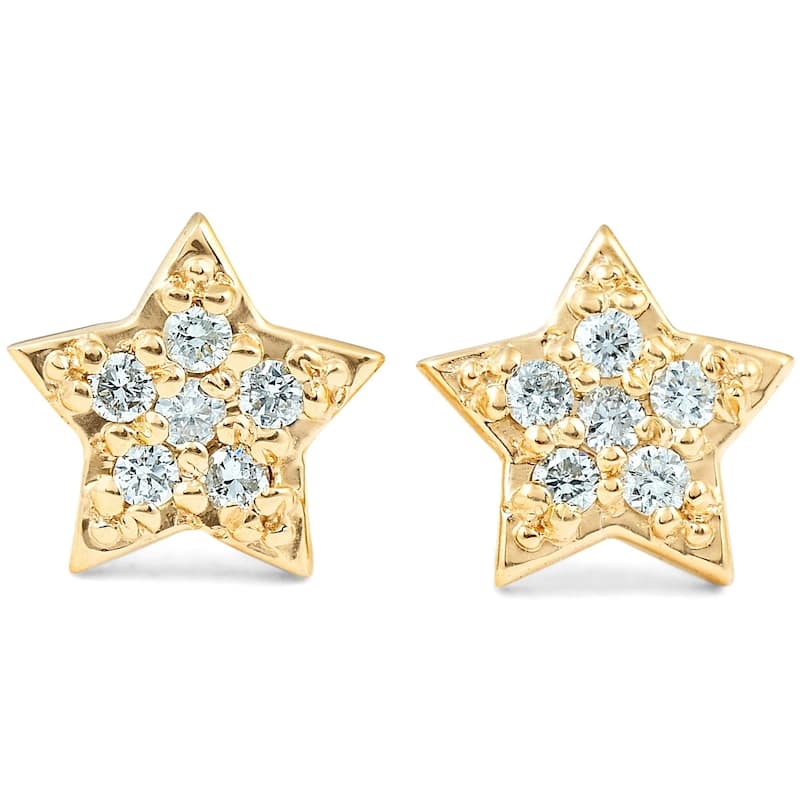 Yellow Gold Diamond Pave Petite Star Studs Dainty High Polished 6.5MM