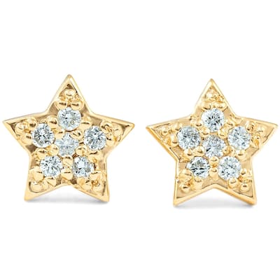 Yellow Gold Diamond Pave Petite Star Studs Dainty High Polished 6.5MM