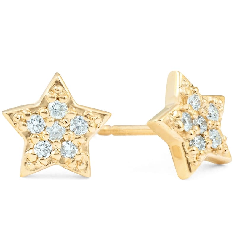 Yellow Gold Diamond Pave Petite Star Studs Dainty High Polished 6.5MM