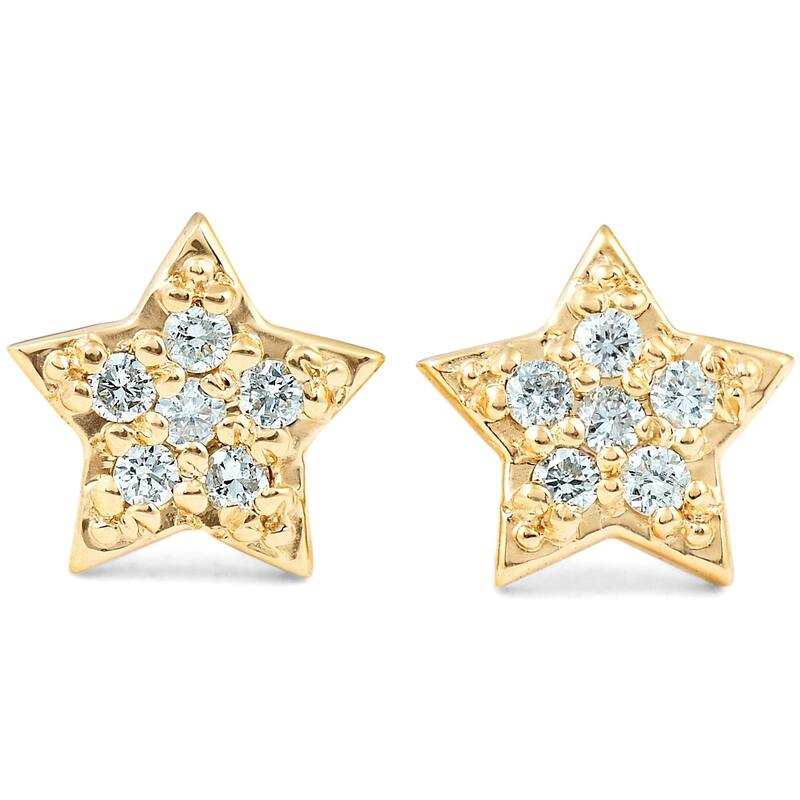 Yellow Gold Diamond Pave Petite Star Studs Dainty High Polished 6.5MM