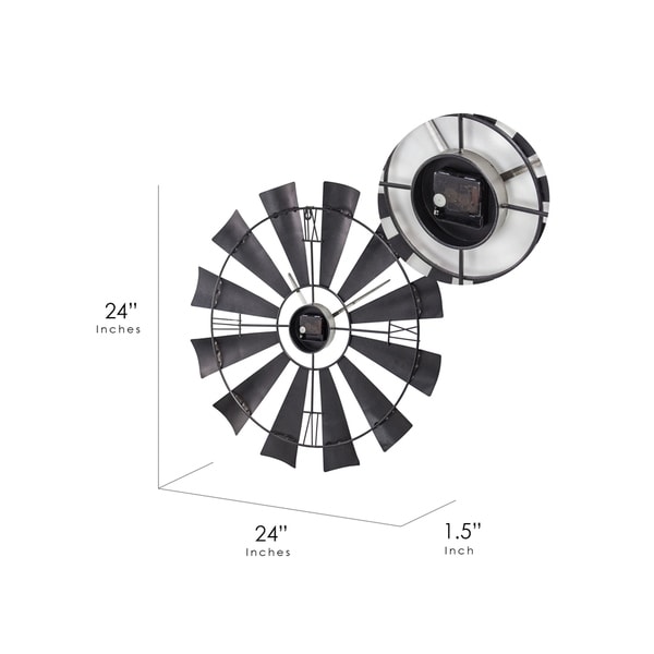 Metal Windmill Oversized Vintage Wall Clock 24" (Silver)
