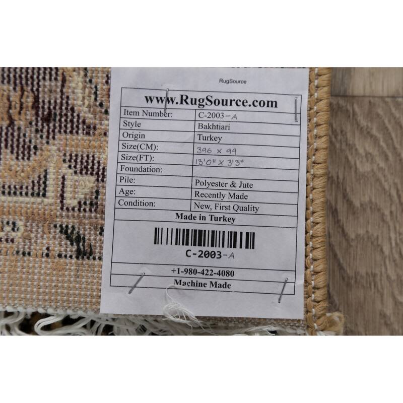 Traditional Bakhtiari Patchwork Polyester & Jute Turkish Oriental Rug - 13' 0'' X 3' 3''