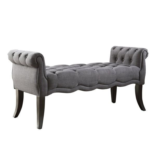 Wooden Bench with Button Tufting and Rolled Armrest, Gray and Black ...