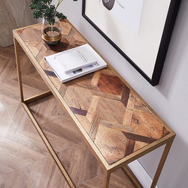 brass and wood console table