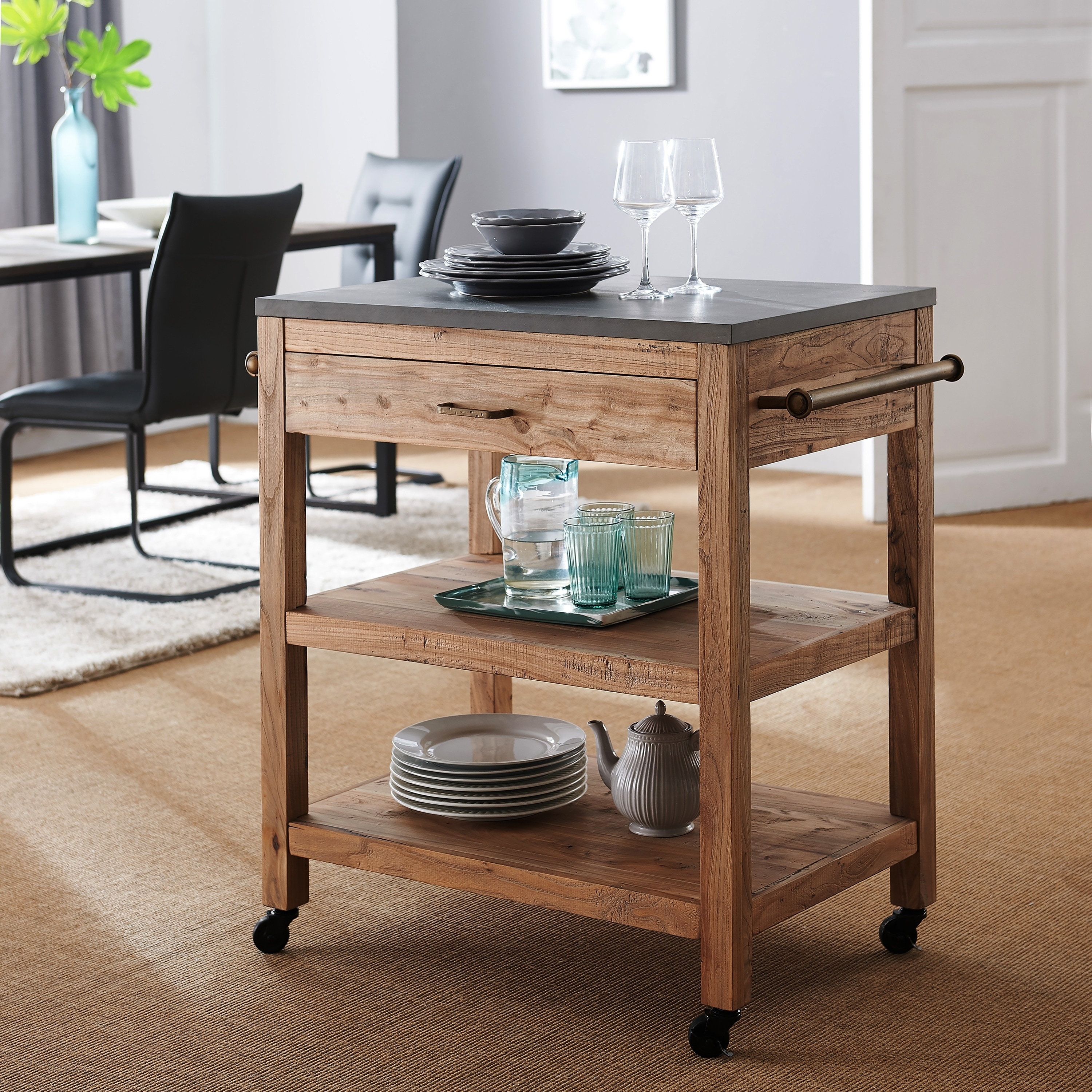 Rolling Kitchen Cart Island Industrial Rustic Distressed Wood Metal Console Tabl 