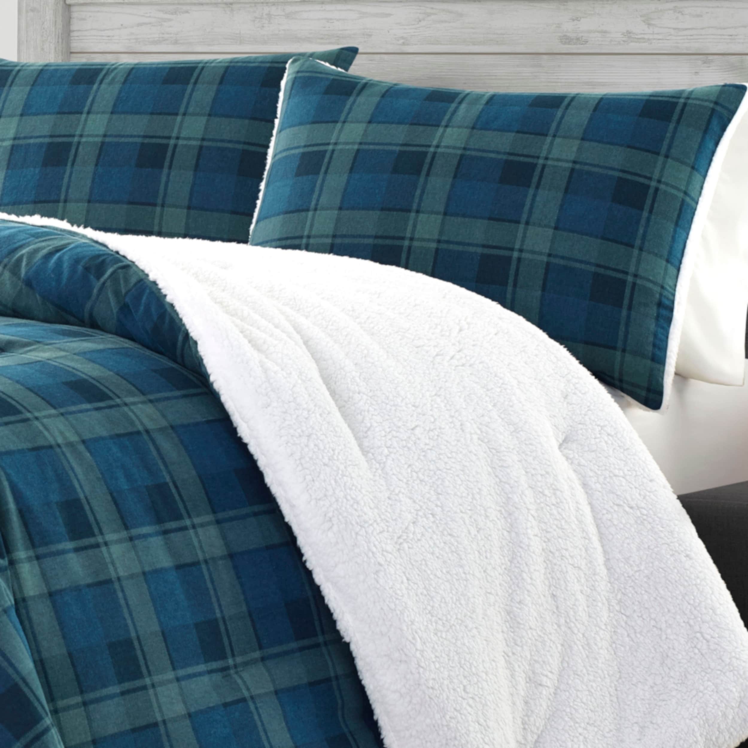 Grey Plaid Cozy Flannel Reverse to Super Soft Sherpa Comforter Set Full//Queen