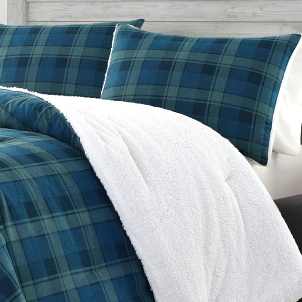 Shop Eddie Bauer Monroe Blue Plaid Flannel Sherpa Comforter Set