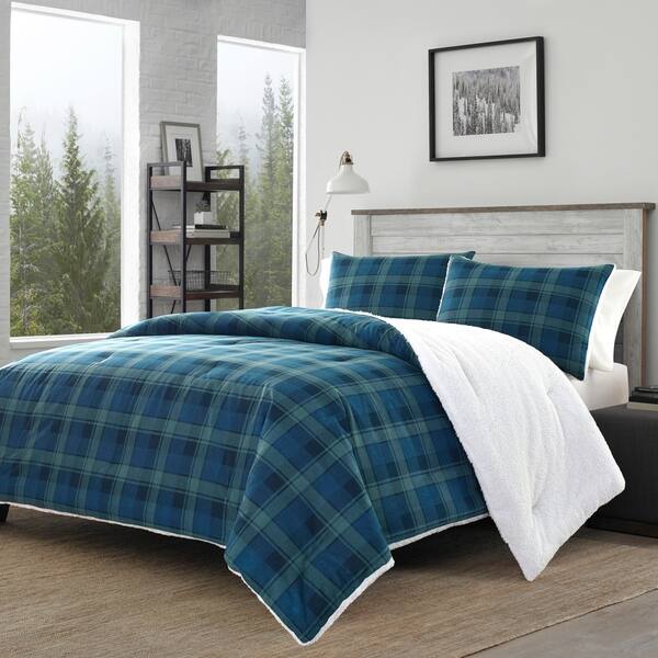 Shop Eddie Bauer Monroe Blue Plaid Flannel Sherpa Comforter Set