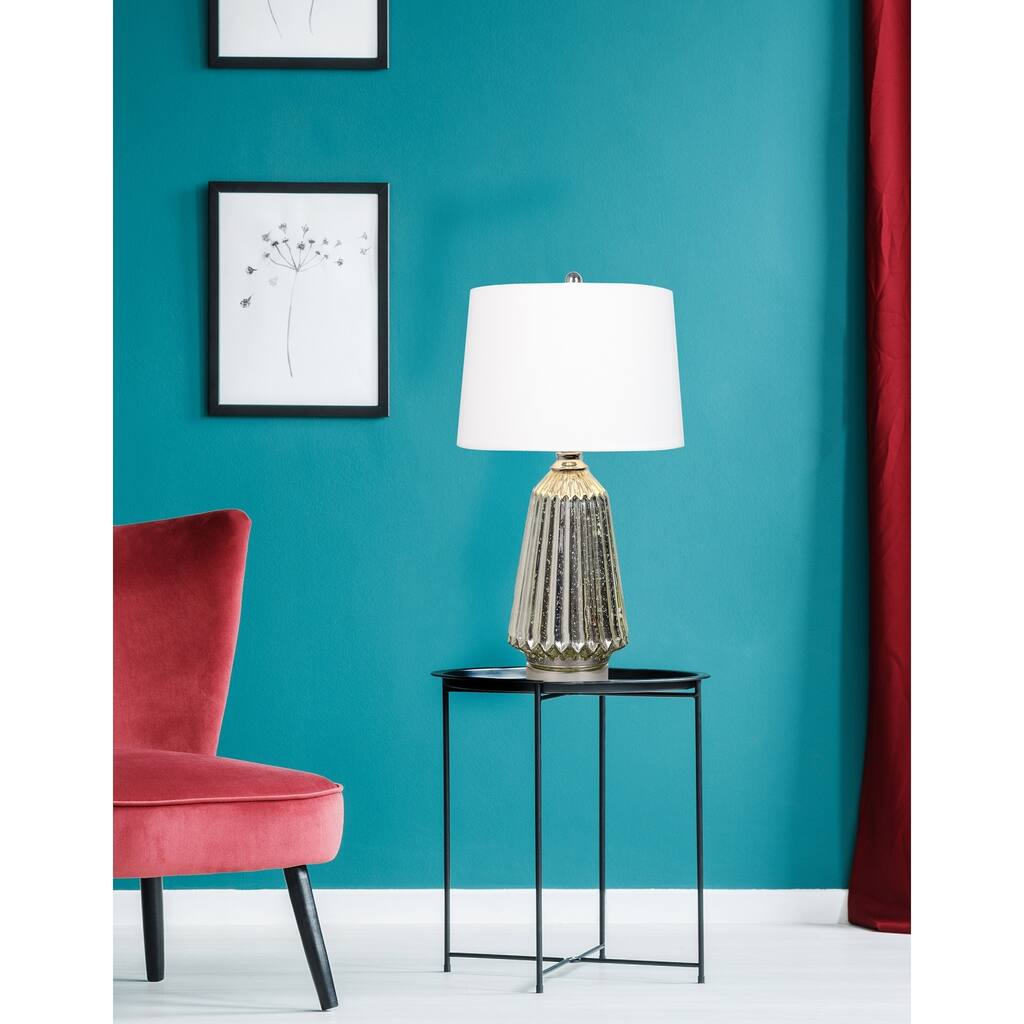 28.5" Acid Mirror Glass Table Lamp W/ Natural Linen Shade