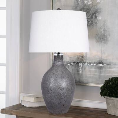 29.5" Gray Coal Slag Art Glass Table Lamp W/ Bright White Tapered Drum Shade