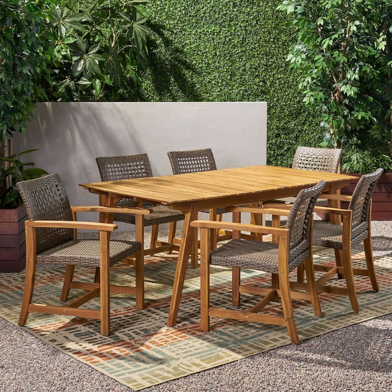 Brookside Outdoor 6 Seater Acacia Wood Dining Set by Christopher Knight Home - Teak Finish + Mixed Mocha