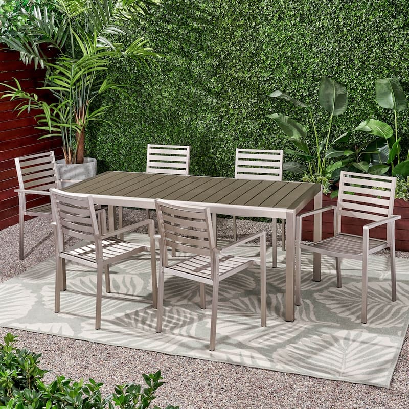 Cape Coral Outdoor Modern 6 Seater Aluminum Dining Set with Wicker Table Top by Christopher Knight Home - Gray + Silver - Aluminum + Fauxwood