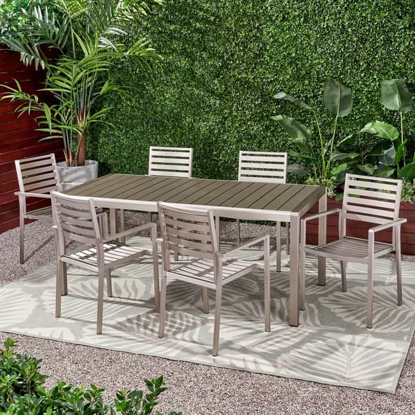 slide 2 of 17, Cape Coral Outdoor Modern 6 Seater Aluminum Dining Set with Wicker Table Top by Christopher Knight Home Gray + Silver - Aluminum + Fauxwood
