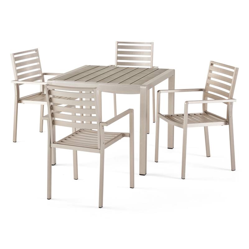 Cape Coral Outdoor Modern 4 Seater Aluminum Dining Set with Faux Wood Table Top by Christopher Knight Home - Silver