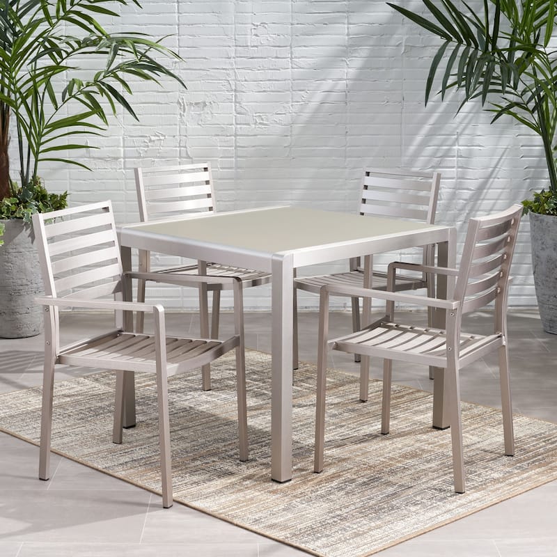 Cape Coral Outdoor Modern 4 Seater Aluminum Dining Set with Tempered Glass Table Top by Christopher Knight Home
