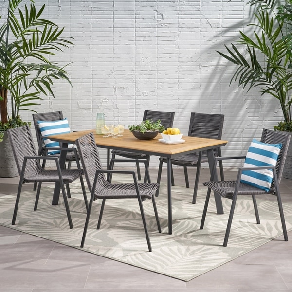 Faux wood outdoor dining best sale table set