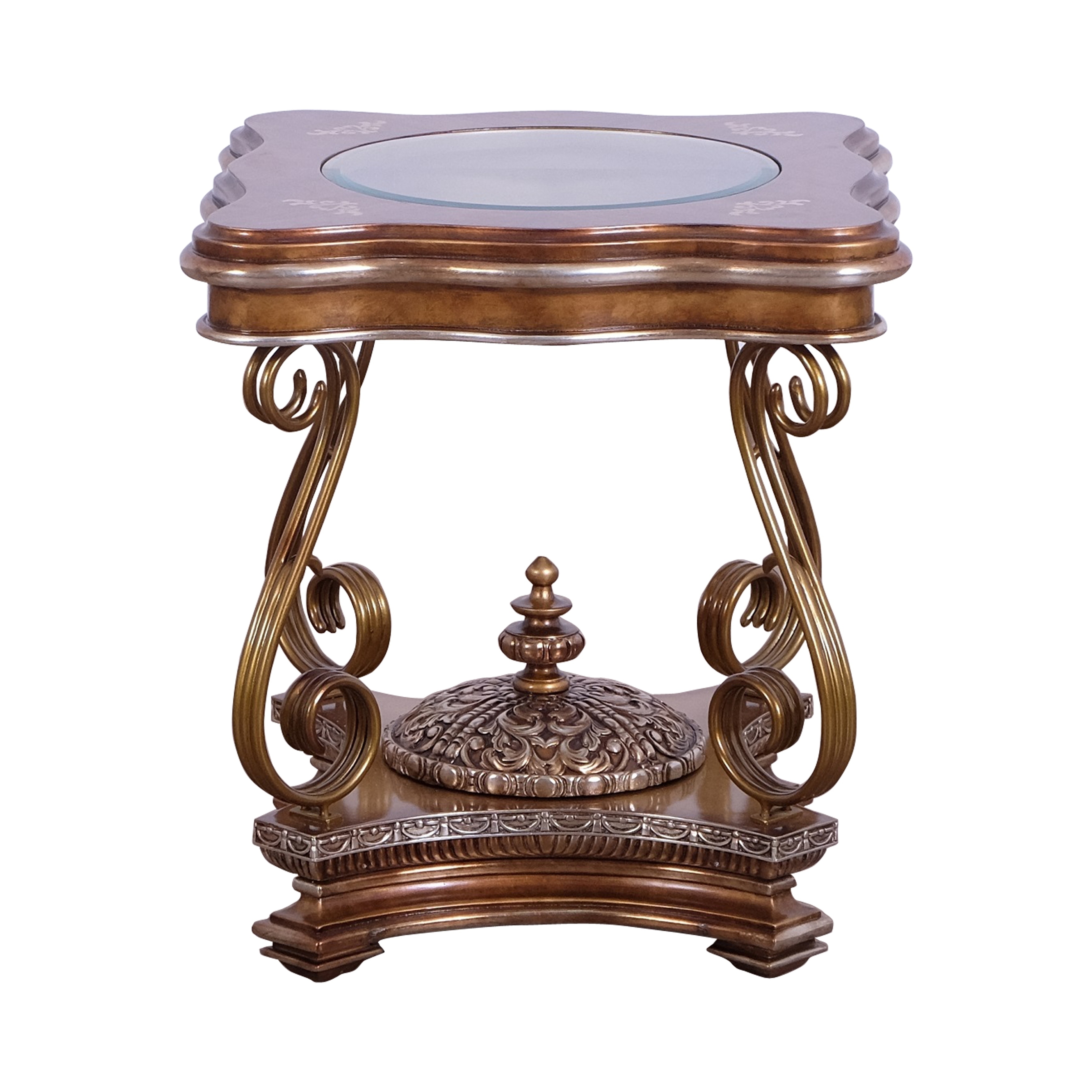Wooden End Table With Scrolled Metal Legs And Finial Center Multicolor Wooden End Table With Scrolled Metal Legs And Finial Center Multicolor