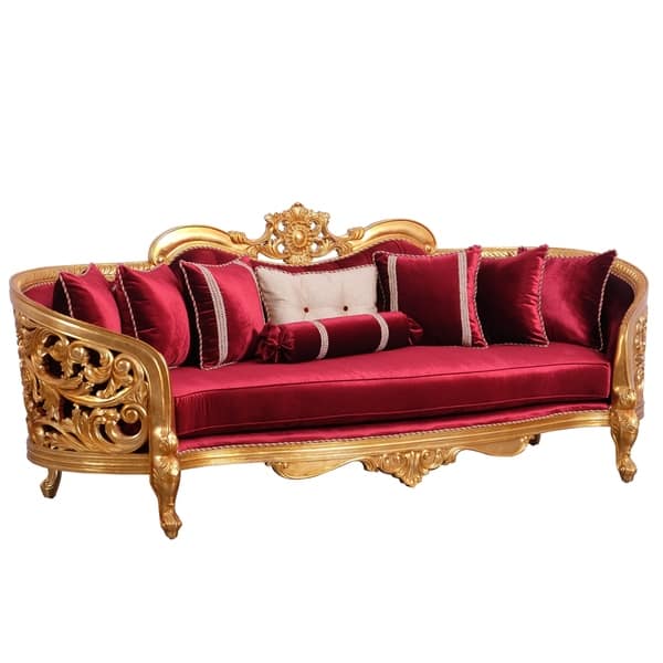 Velvet Upholstered Curved Wooden Sofa With Leaf Carvings Red Curved Wooden Sofa With Leaf Carvings