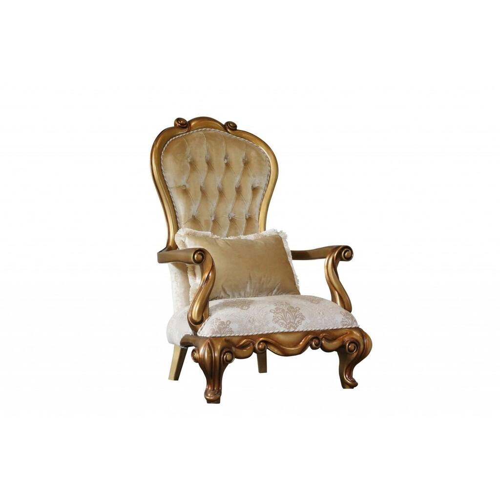 Button Tufted Wingback Chair with Traditional Carvings, Beige and Gold