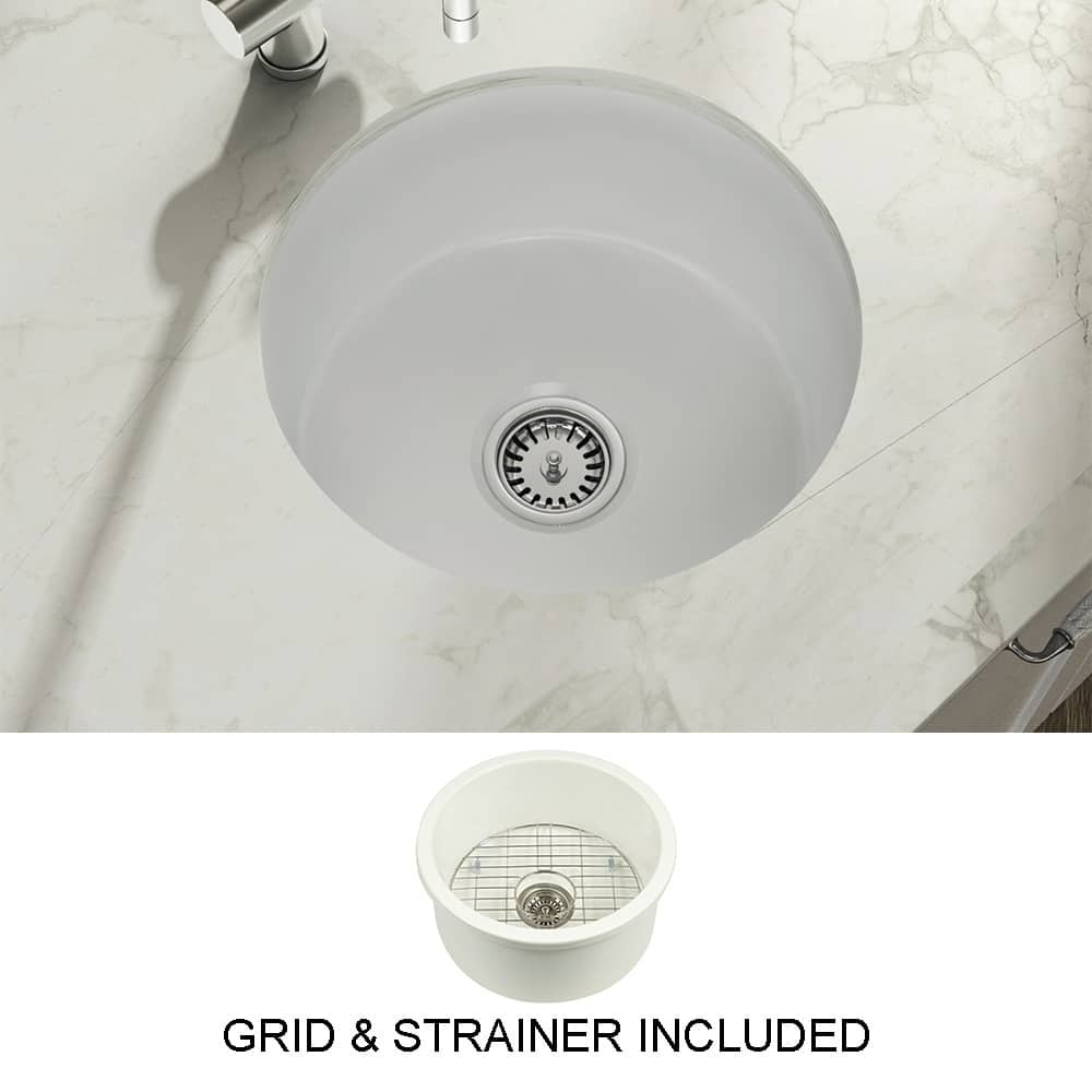 Yorkshire Bar Undermount Fireclay 18.5 in. Round Kitchen Sink with Grid and Strainer in White