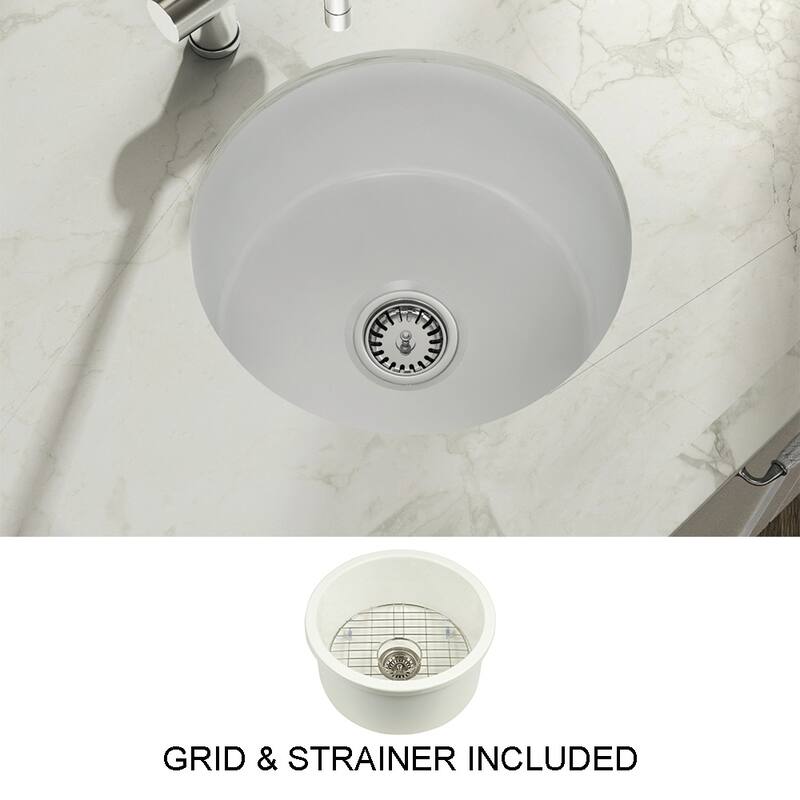 Yorkshire Bar Undermount Fireclay 18.5 in. Round Kitchen Sink with Grid and Strainer in White
