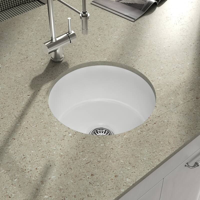 Yorkshire Bar Undermount Fireclay 18.5 in. Round Kitchen Sink with Grid and Strainer in White