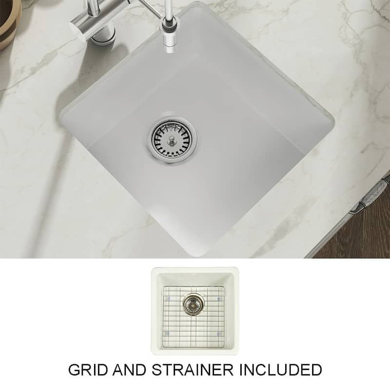 Yorkshire Bar Undermount Fireclay 17 in. Square Kitchen Sink with Grid and Srainer in White